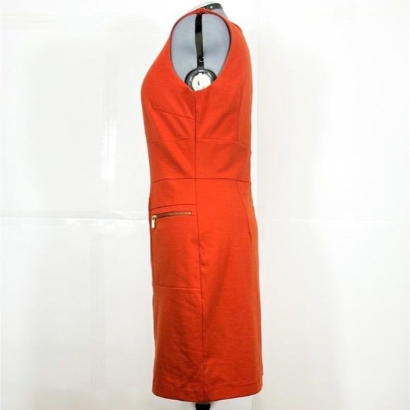 Sharagano NWOT Sz14 Patch Pockets Lined Gold Zipper Sleeveless Sheath Dress - Picture 3 of 5